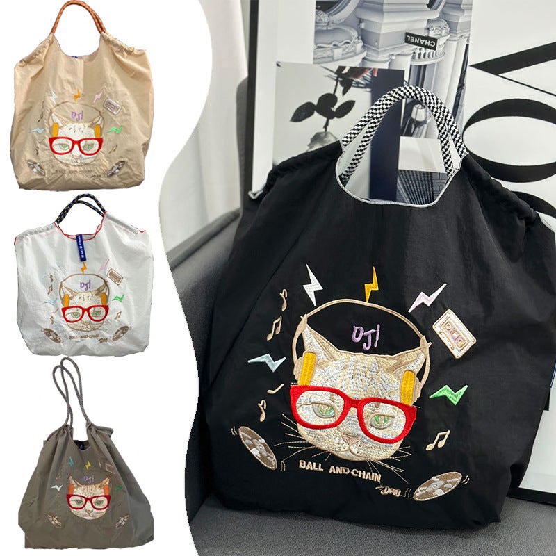 Japanese Homemade Ball Chain Donut Embroidery Shopping Bag Niche Commuter Large Capacity Nylon Shoulder Bag Tide - Image 2