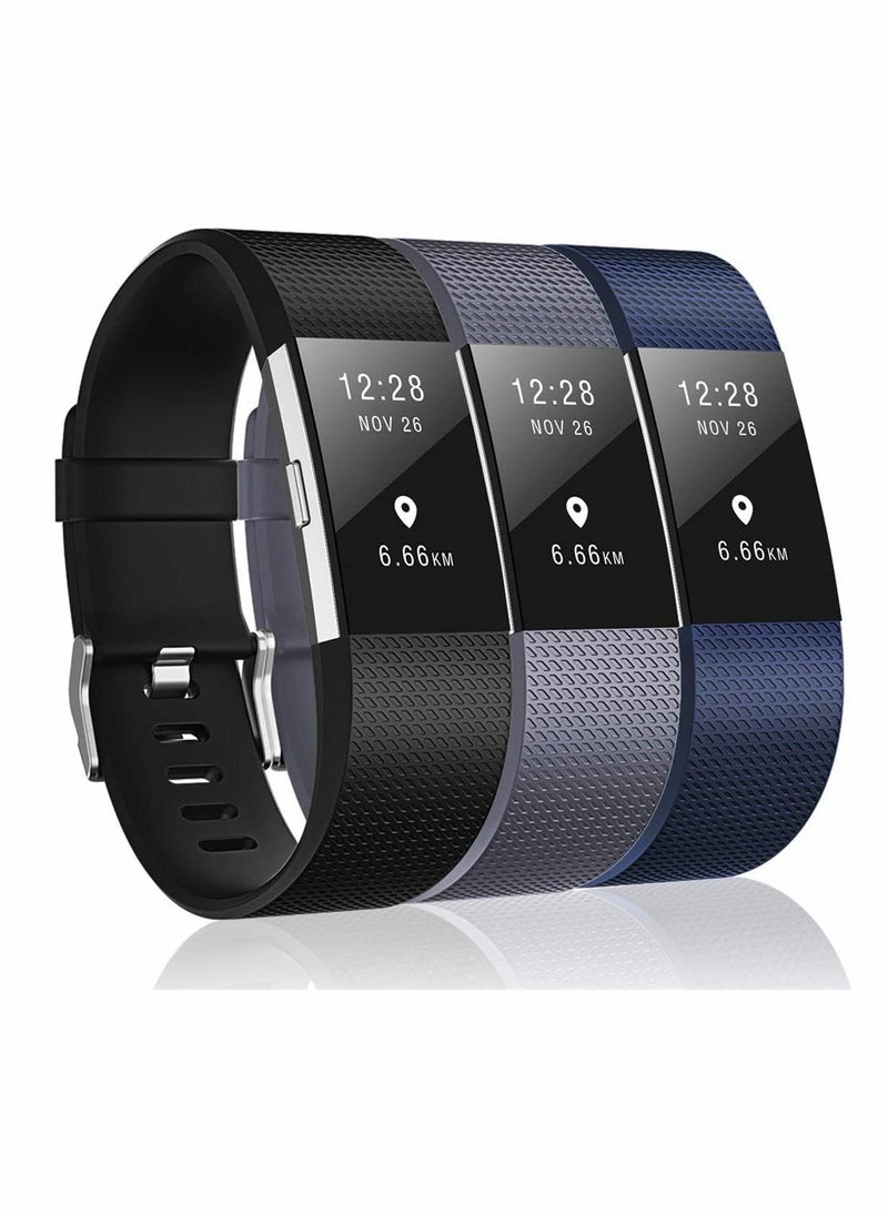3 Pack Waterproof Bands Compatible with for Fitbit Charge 2, Classic and Special Edition Replacement Bands for Fitbit Charge 2, Silicone Wristbands for Women Men (Black, Gray, Dark Blue) - Image 1