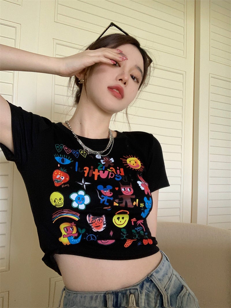 Spicy Girl Black Short-Sleeved T-Shirt Women's Summer Wear 2025 New Retro Slim-Fit Short Printed Top Ins Trend - Image 2