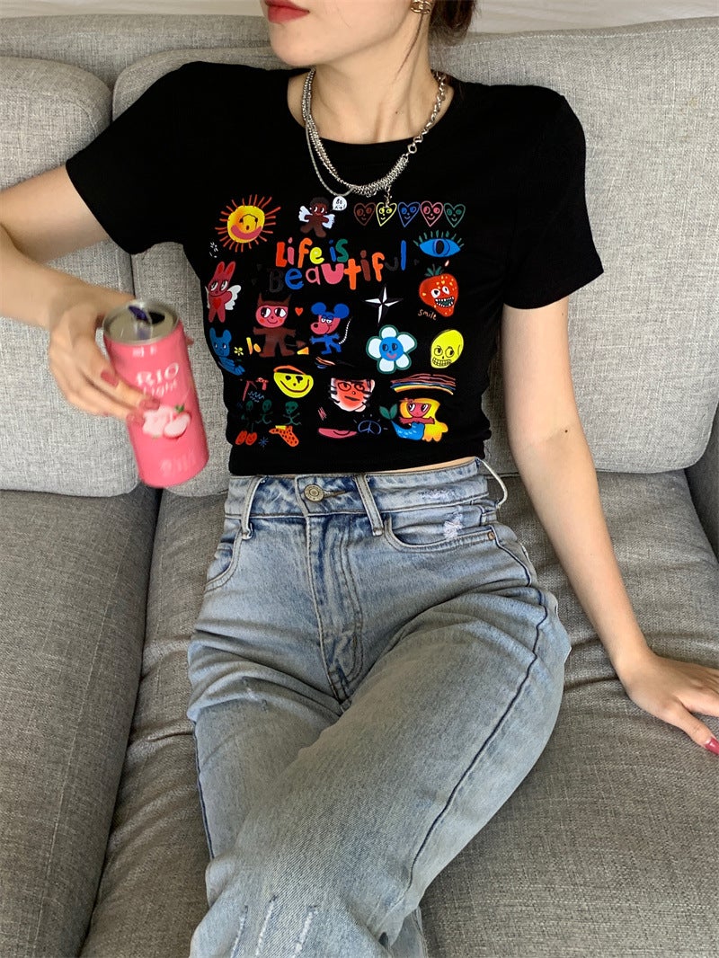 Spicy Girl Black Short-Sleeved T-Shirt Women's Summer Wear 2025 New Retro Slim-Fit Short Printed Top Ins Trend - Image 4
