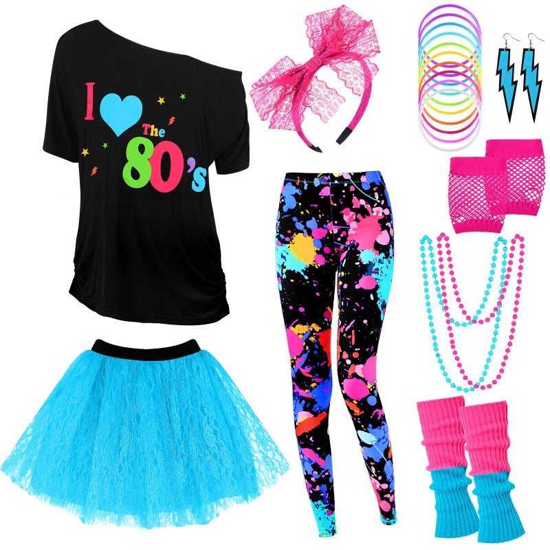 Vabean 19 Pcs 80s Costume Set T Shirt Leggings Tutu Skirt Headband Necklace Bracelets Earrings Gloves Leg Warmers for Women(X-Large,Blue Tutu) - Image 1