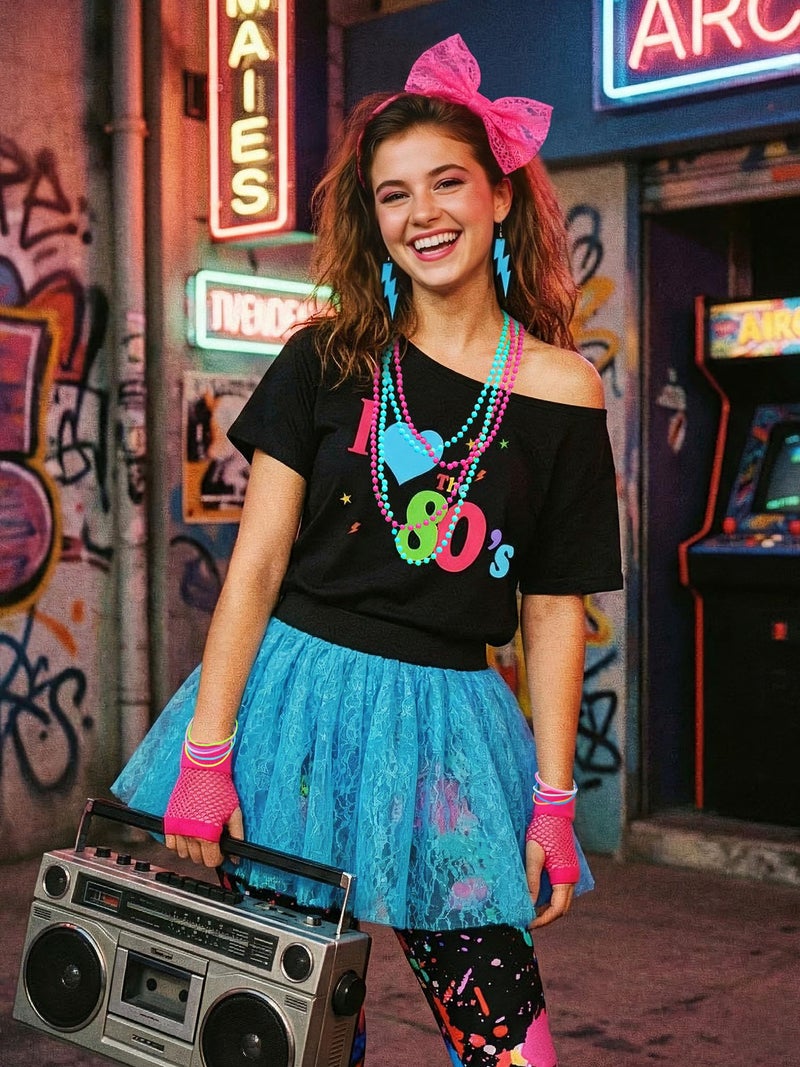 Vabean 19 Pcs 80s Costume Set T Shirt Leggings Tutu Skirt Headband Necklace Bracelets Earrings Gloves Leg Warmers for Women(X-Large,Blue Tutu) - Image 4