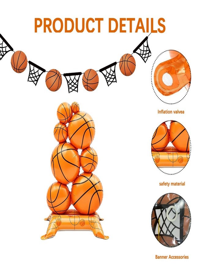 TAIPOXUN 2 Pack Self Standing Basketball Foil Balloons 3.5 ft with Field Base for Birthday Themed Party Decoration Sports Supplies Decor (Basketball Pile) (2 Packs) - Image 2