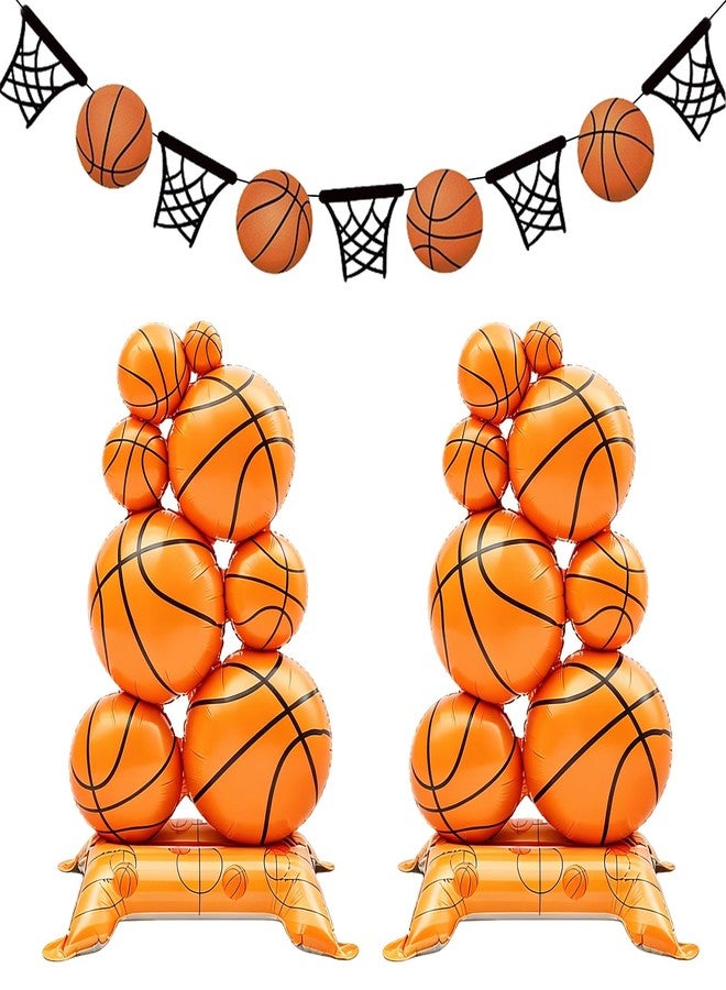 TAIPOXUN 2 Pack Self Standing Basketball Foil Balloons 3.5 ft with Field Base for Birthday Themed Party Decoration Sports Supplies Decor (Basketball Pile) (2 Packs) - Image 1