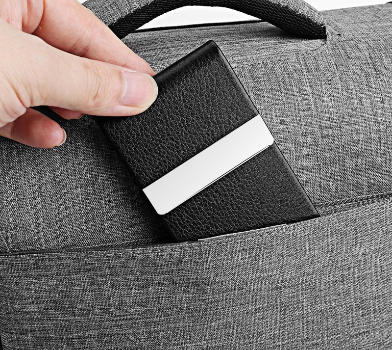 DMFLY Business Card Holder Case - PU Leather Business Card Case Name Card Holder Slim Metal Pocket Card Holder with Magnetic Shut, Black - Image 2
