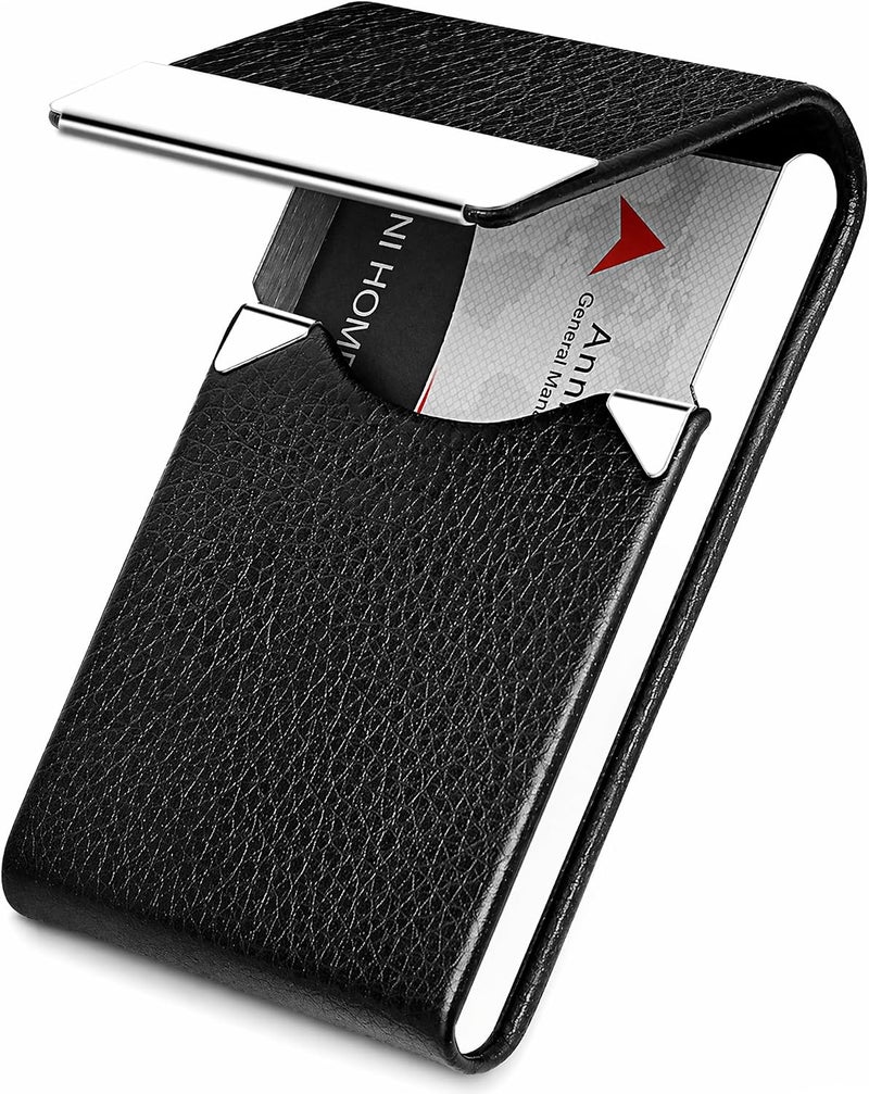 DMFLY Business Card Holder Case - PU Leather Business Card Case Name Card Holder Slim Metal Pocket Card Holder with Magnetic Shut, Black - Image 1