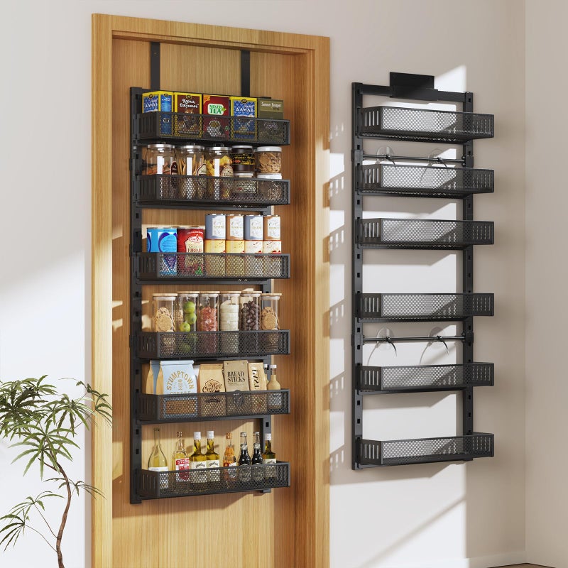 DAOTENGQL Pantry Door Organizers and Storage, 6-Tier Large Metal Heavy-Duty Frame Over the Door Spice Rack, 2 in 1 Wall-Mounted or Hanging shelf for Kitchen, Bathroom, Laundry Room, Bedroom, Closet &Nursery - Image 1