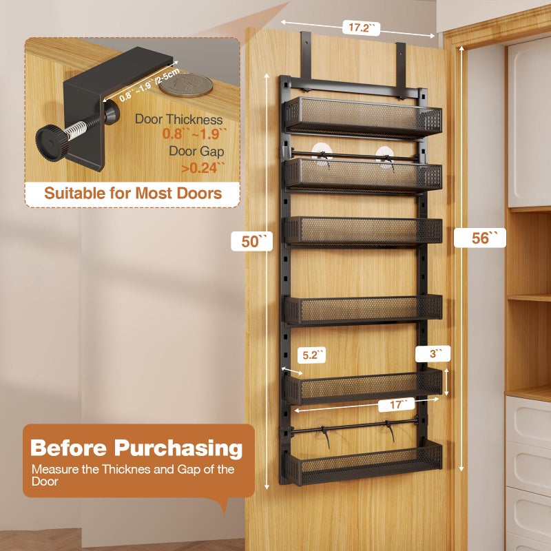 DAOTENGQL Pantry Door Organizers and Storage, 6-Tier Large Metal Heavy-Duty Frame Over the Door Spice Rack, 2 in 1 Wall-Mounted or Hanging shelf for Kitchen, Bathroom, Laundry Room, Bedroom, Closet &Nursery - Image 2