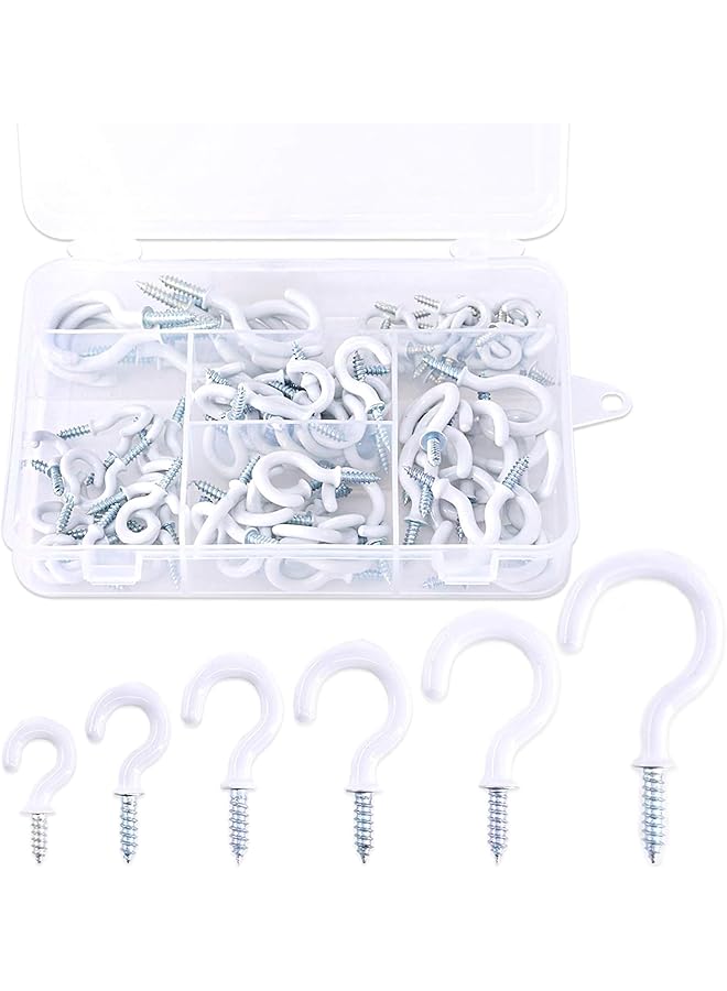 PROMASS 100 Pieces 6 Sizes White Vinyl Coated Cup Hooks Screw-in Ceiling Hooks Screw Hooks Mug Hooks Hangers Assortment Kit for Home and Office Use - Image 1