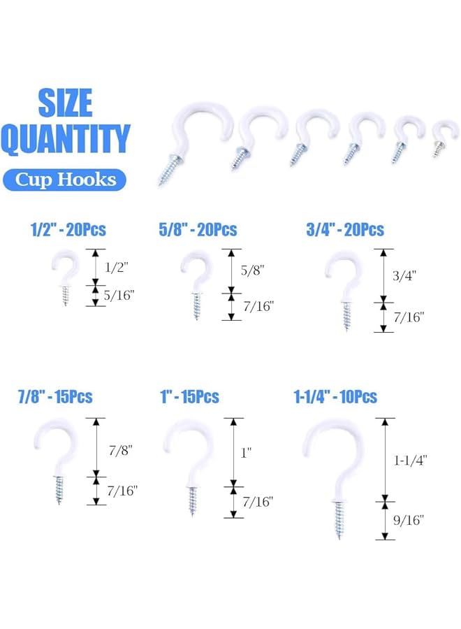 PROMASS 100 Pieces 6 Sizes White Vinyl Coated Cup Hooks Screw-in Ceiling Hooks Screw Hooks Mug Hooks Hangers Assortment Kit for Home and Office Use - Image 2