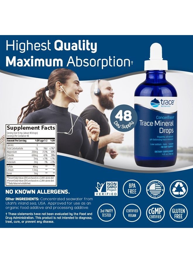 Trace Minerals ConcenTrace Drops | Full Spectrum Minerals | Ionic Liquid Magnesium, Chloride, Potassium | Low Sodium | Energy, Electrolytes, Hydration | 48 Day Supply, 4 fl oz Glass Bottle - Image 3