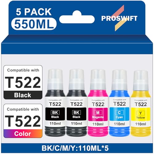 PROSWIFT Replacement for Epson 522 High Capacity Ink Refill Bottles Works with EcoTank ET2400 ET2720 ET2800 ET2803 ET2840 ET4700 ET4800 ET4810 ET3760 ET2760 ET2750 ET4760 ET2850 ET15000 550ML - Image 1