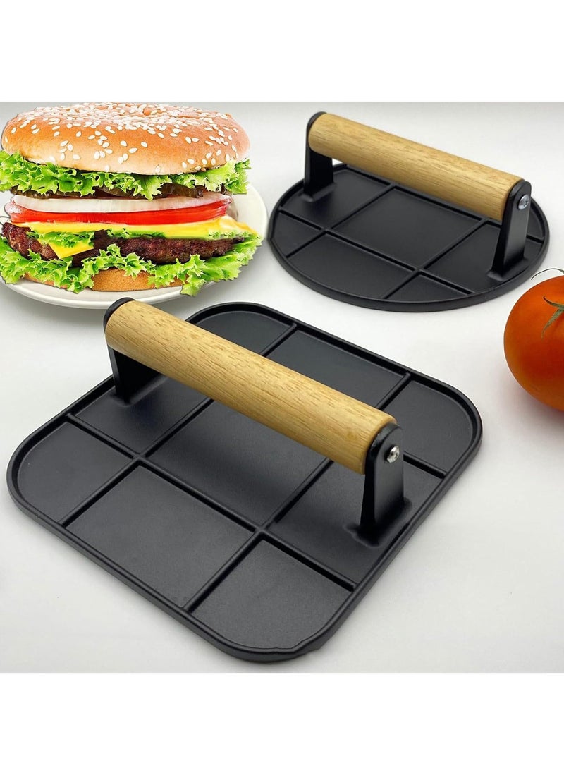 Hihonor Burger Press, Stainless Steel Smash Burger Press, 6.3" Round Hamburger Smasher Tool, Bacon Press Steak Press with Wood Handle and Silicone Protective Cover for Meat Weight Press Cooking (Black Square)  - Image 3