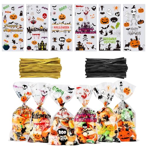 OWill 120 Pcs Halloween Cellophane Treat BagsHalloween Candy Bags with130 Pcs Gold and Black Twist Ties Trick or Treat Goodie Bags for Halloween Party Supply106 51 inch - Image 2