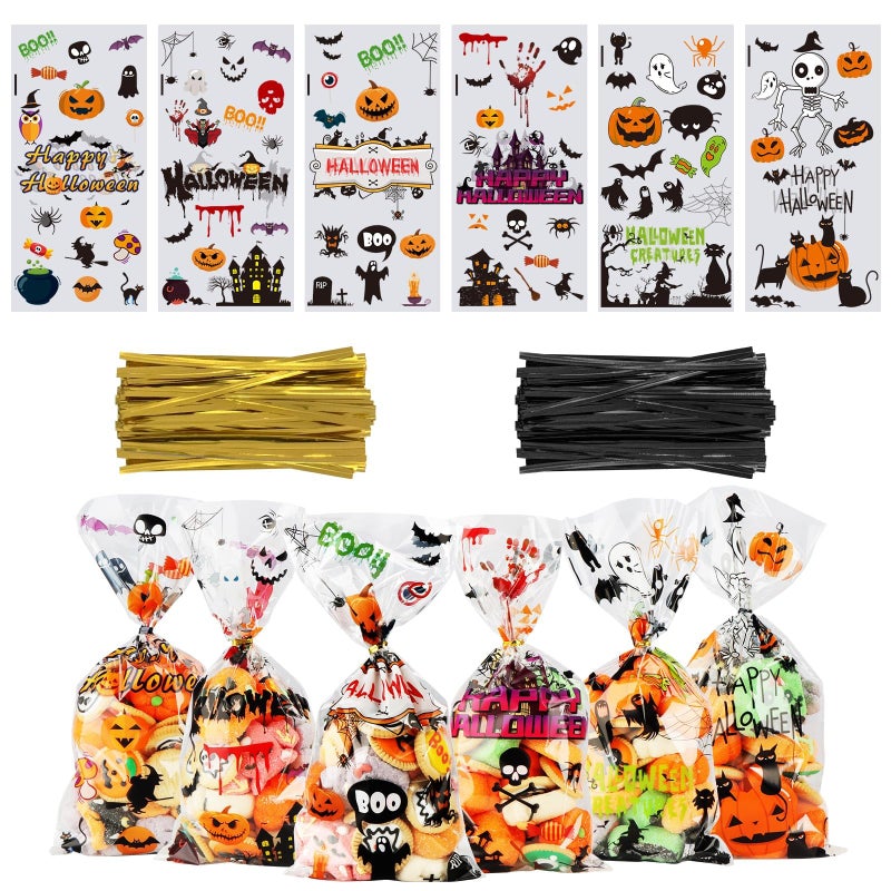 OWill 120 Pcs Halloween Cellophane Treat BagsHalloween Candy Bags with130 Pcs Gold and Black Twist Ties Trick or Treat Goodie Bags for Halloween Party Supply106 51 inch - Image 3