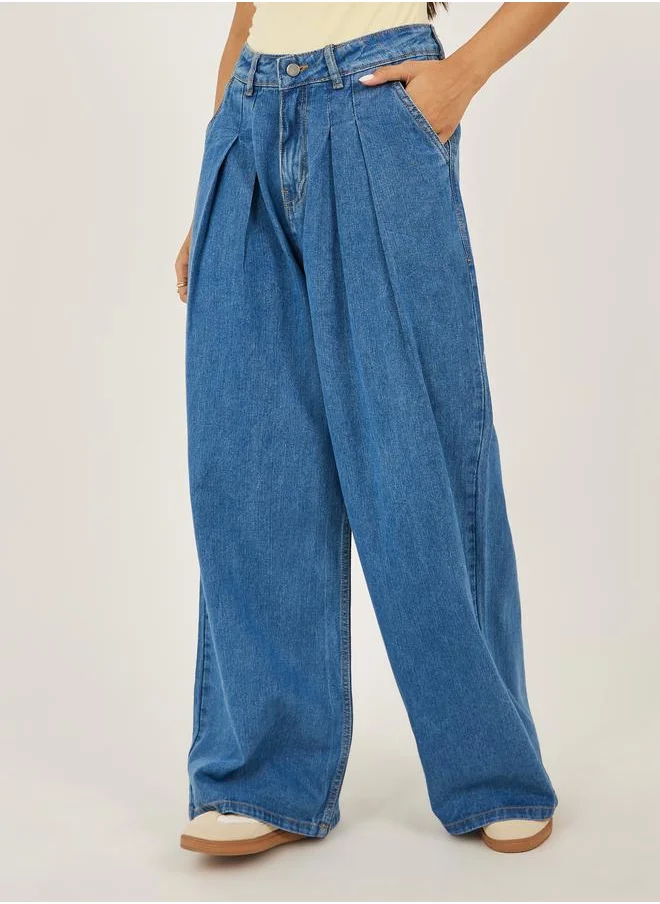 ستايلي Styli Mid Rise Wide Leg Jeans with Front Pleated Detail