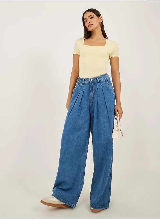 ستايلي Styli Mid Rise Wide Leg Jeans with Front Pleated Detail
