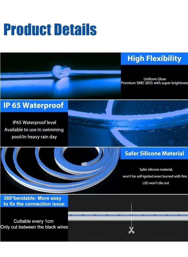 Comysubao LED Neon Strip Light 16.4ft/5m, 12V RGB Rope Light Waterproof IP65, Flexible Cuttable Neon Sign for Cabinet, Ceiling, Wall, Bedroom, Kitchen, Garage, Garden, Party Decor (Blue) - Image 2