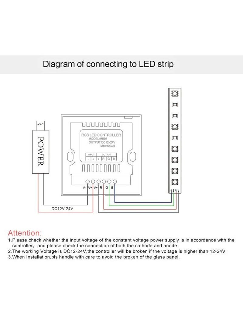 Excefore Light Dimmer Switch, LED Controller, Wall- Mounted Plastic Cover Touch Panel Switch for DC12V-24V 3528 2835 5050 Single Color LED Strip Lighting(RGB-Red, Green, Blue) - Image 5