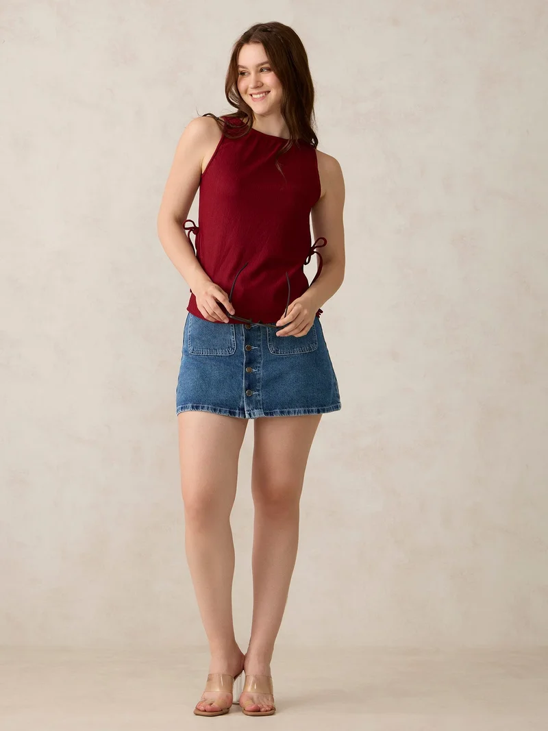 Outzidr  Red Boat Neck Side Tie Up Top for Women | Best Price UAE