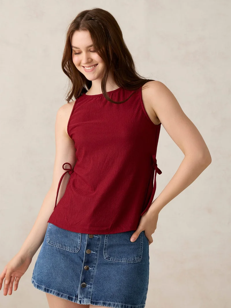 Outzidr  Red Boat Neck Side Tie Up Top for Women | Best Price UAE