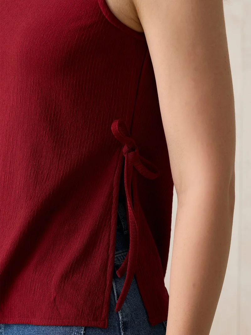 Outzidr  Red Boat Neck Side Tie Up Top for Women | Best Price UAE