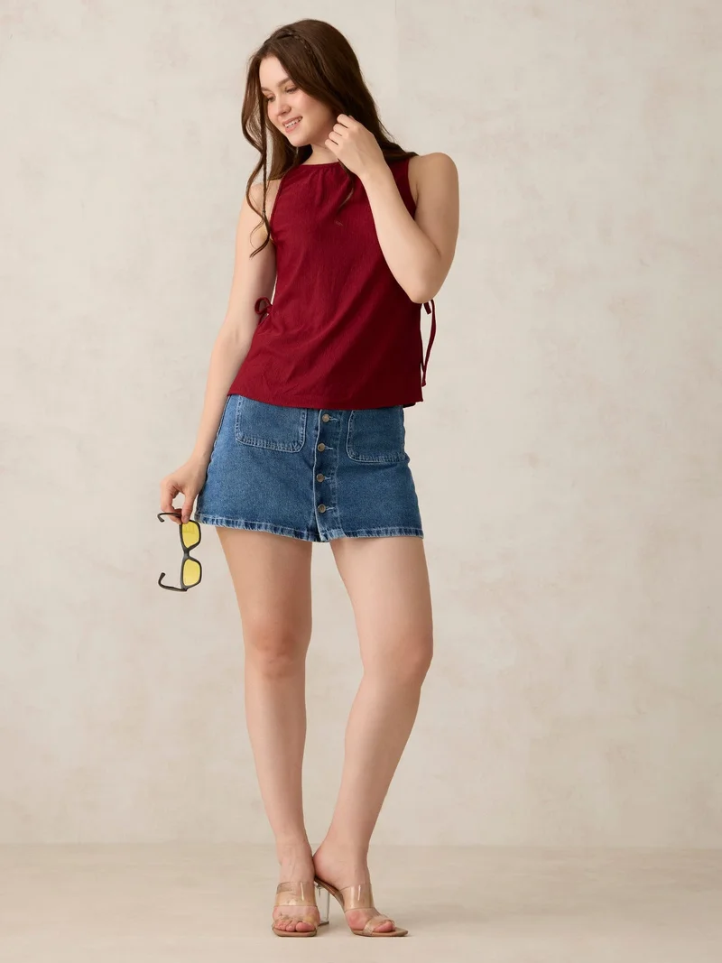 Outzidr  Red Boat Neck Side Tie Up Top for Women | Best Price UAE