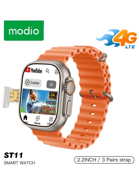 Modio ST11 Smartwatch 2.2 Inch Large Screen Display 3 Pair Straps and 4G Sim Card Slot for Ladies and Gents