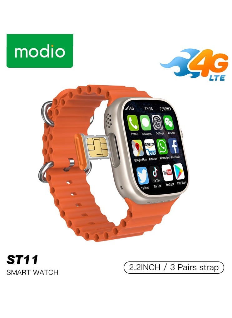 modio - Modio ST11 Smartwatch 2.2 Inch Large Screen Display 3 Pair Straps and 4G Sim Card Slot for Ladies and Gents - Image 1
