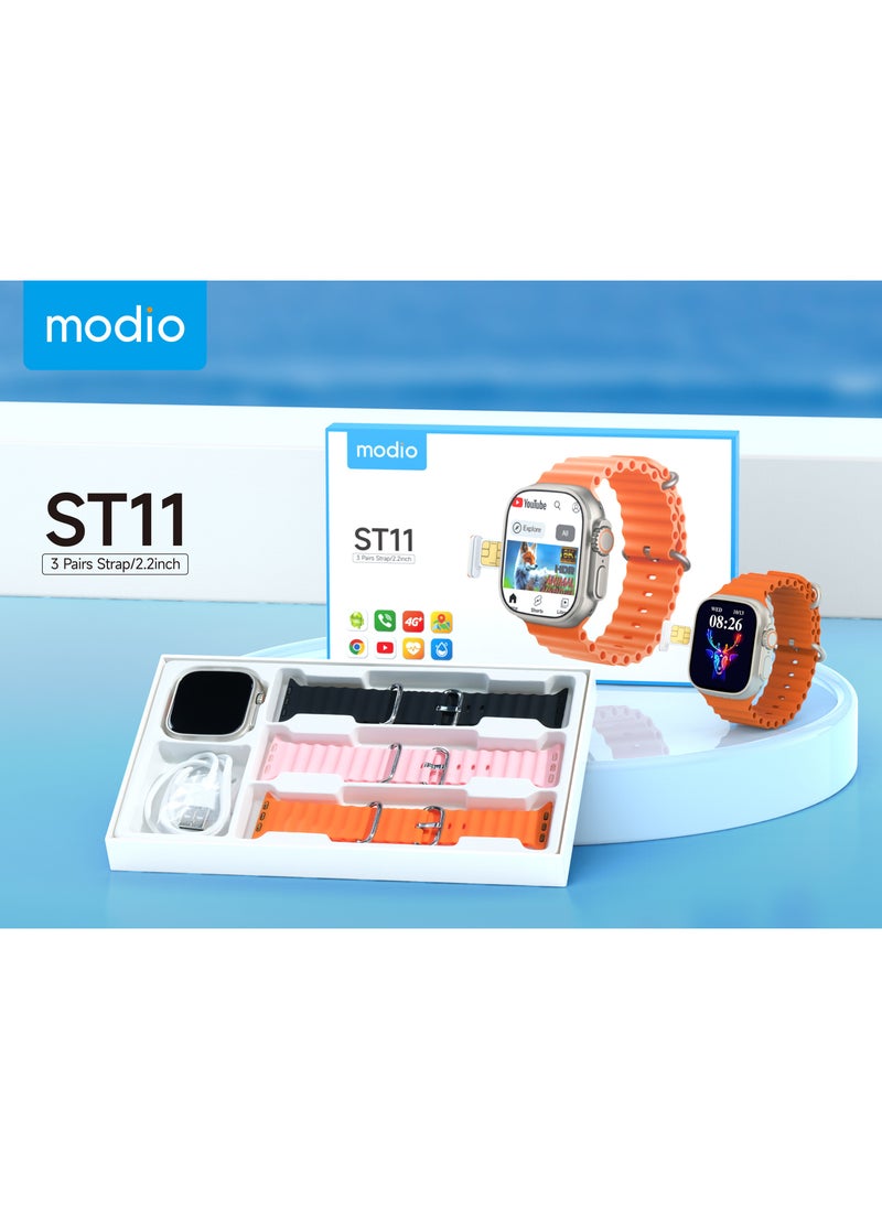 modio - Modio ST11 Smartwatch 2.2 Inch Large Screen Display 3 Pair Straps and 4G Sim Card Slot for Ladies and Gents - Image 1