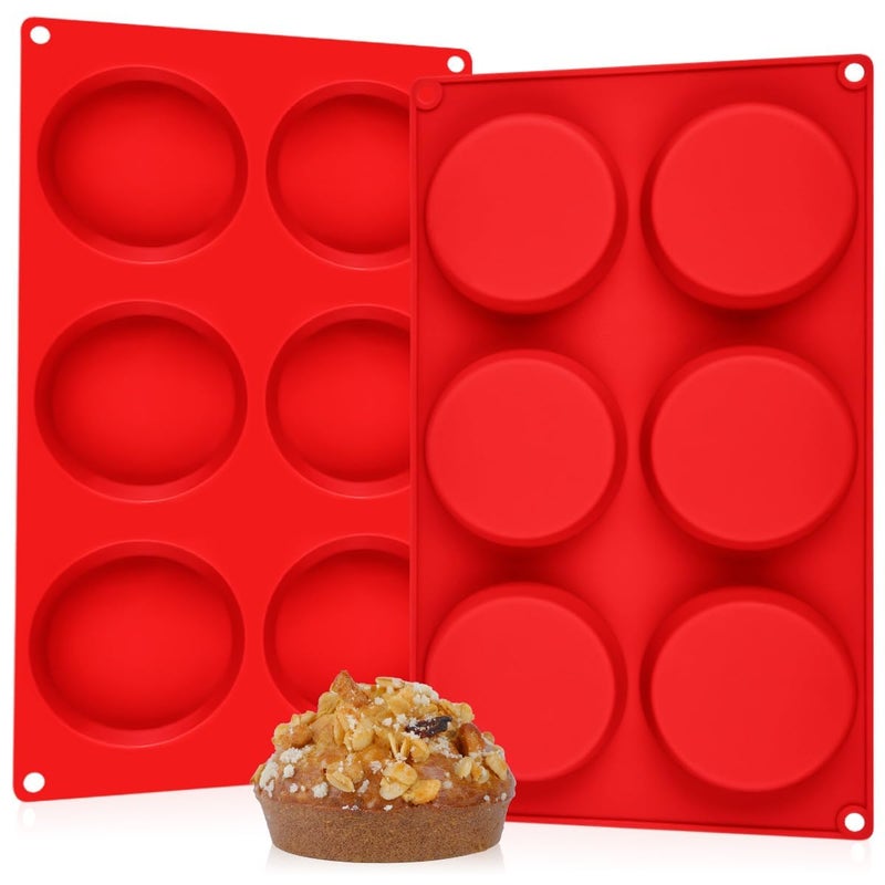 CAKETIME Muffin Top Pan Silicone Egg Molds for Breakfast Sandwiches 3 Inch Round Egg Baking Pan for Oven English muffins Whoopie Pies Corn Bread bites Tarts 2 Pack Red - Image 2