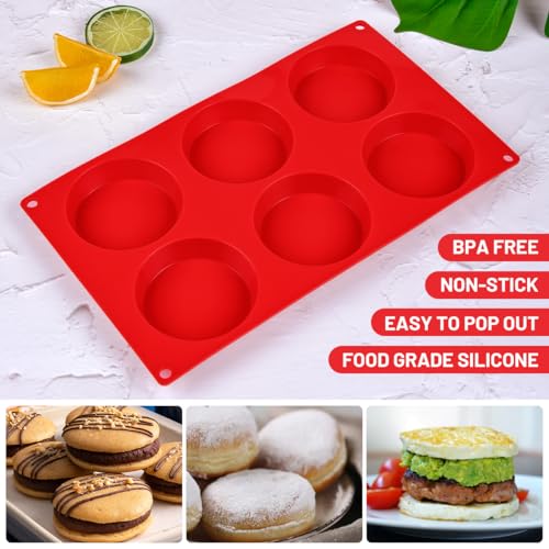 CAKETIME Muffin Top Pan Silicone Egg Molds for Breakfast Sandwiches 3 Inch Round Egg Baking Pan for Oven English muffins Whoopie Pies Corn Bread bites Tarts 2 Pack Red - Image 3