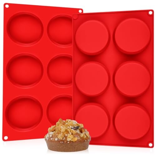 CAKETIME Muffin Top Pan Silicone Egg Molds for Breakfast Sandwiches 3 Inch Round Egg Baking Pan for Oven English muffins Whoopie Pies Corn Bread bites Tarts 2 Pack Red - Image 1
