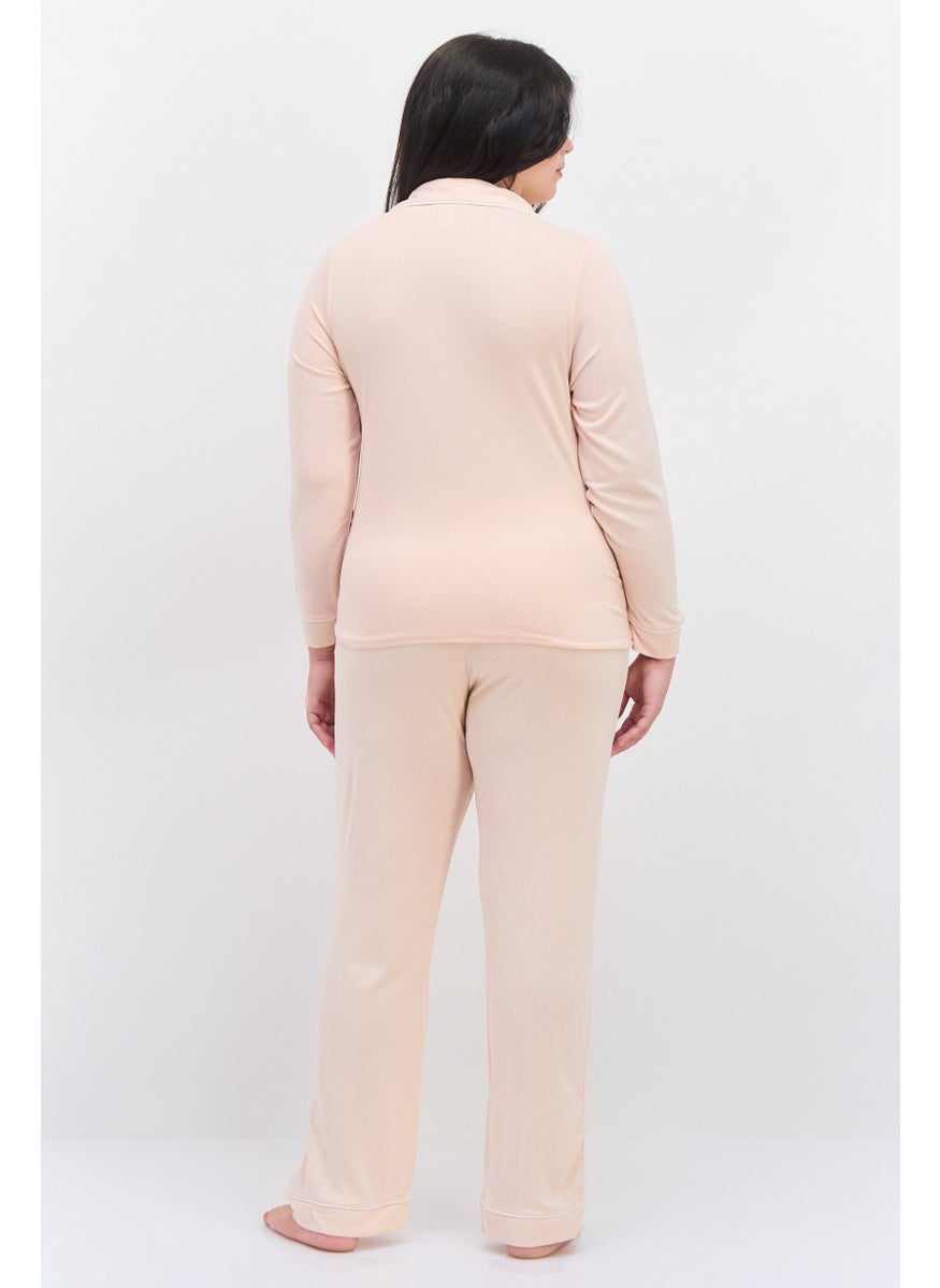 Kathy Ireland - Women 2 Pcs Plus Size Plain Top And Bottom Pajamas Set, Peach - Image 1