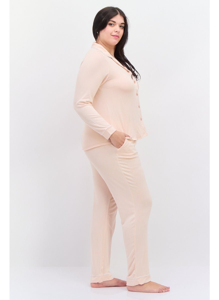 Kathy Ireland - Women 2 Pcs Plus Size Plain Top And Bottom Pajamas Set, Peach - Image 1