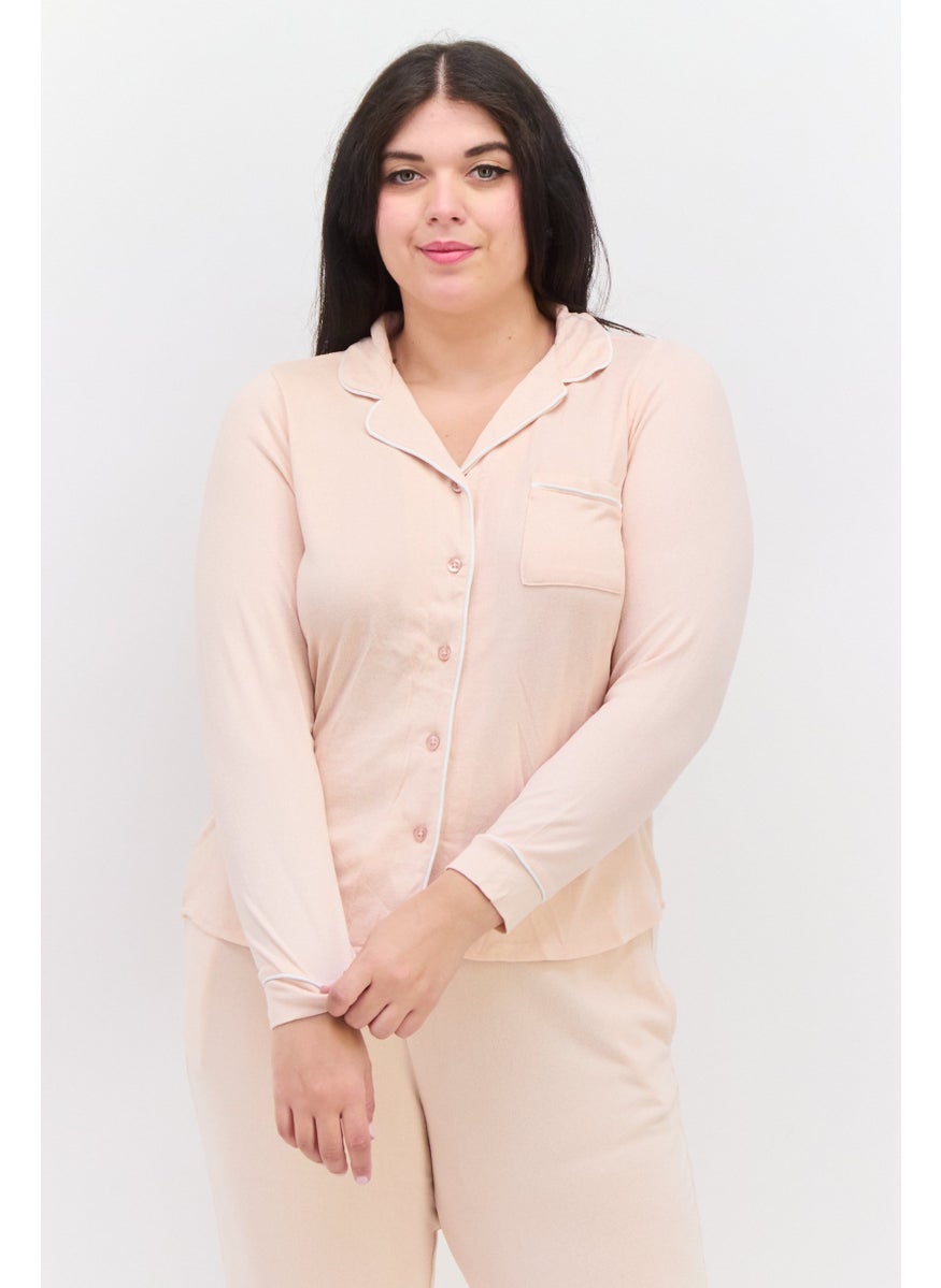 Kathy Ireland - Women 2 Pcs Plus Size Plain Top And Bottom Pajamas Set, Peach - Image 1