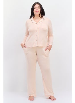 Women 2 Pcs Plus Size Plain Top And Bottom Pajamas Set, Peach