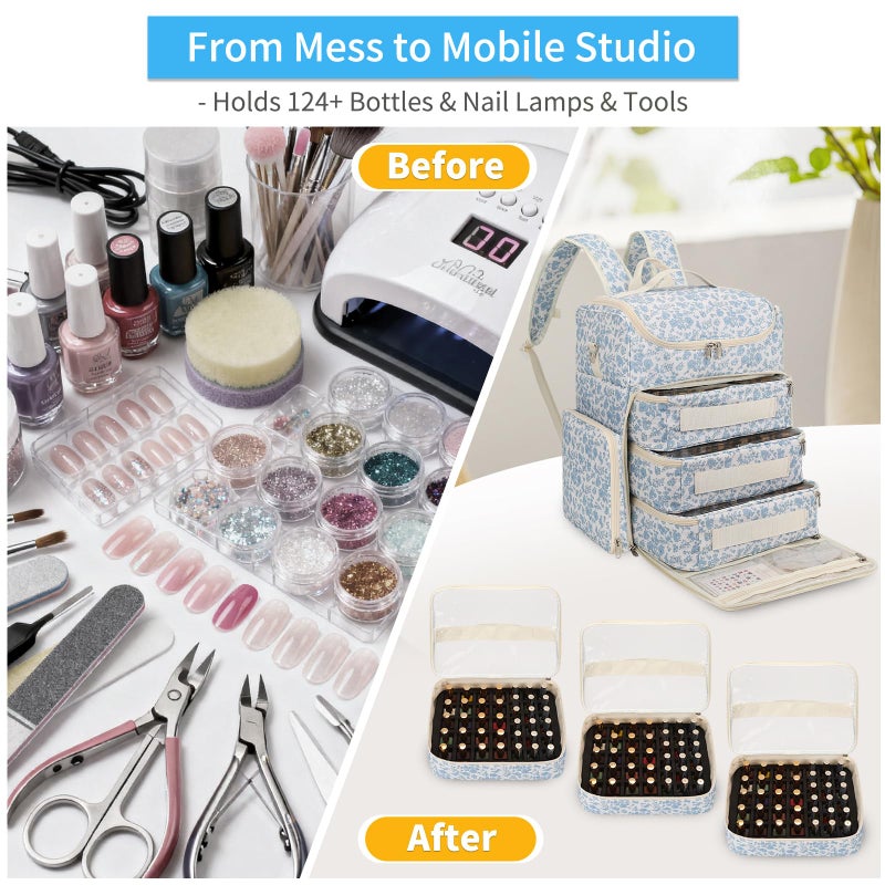 CUBETASTIC Extra Large Nail Polish Organizer Backpack, Holds 124+ Bottles & Full Size Lamp, Travel Nail Organizers and Storage Bag with 3 Removable Pouches, Portable Nail Supplies Case (Floral Blue, 124 Slots) - Image 4