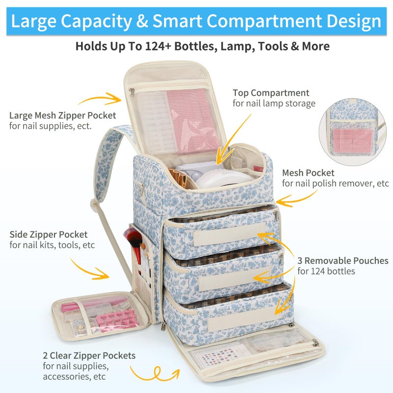 CUBETASTIC Extra Large Nail Polish Organizer Backpack, Holds 124+ Bottles & Full Size Lamp, Travel Nail Organizers and Storage Bag with 3 Removable Pouches, Portable Nail Supplies Case (Floral Blue, 124 Slots) - Image 3