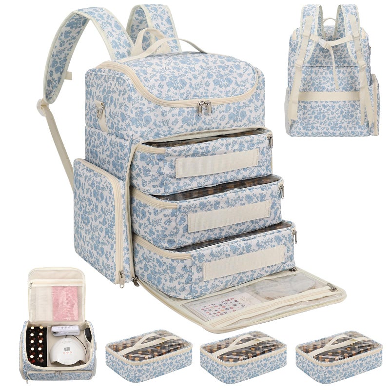 CUBETASTIC Extra Large Nail Polish Organizer Backpack, Holds 124+ Bottles & Full Size Lamp, Travel Nail Organizers and Storage Bag with 3 Removable Pouches, Portable Nail Supplies Case (Floral Blue, 124 Slots) - Image 1
