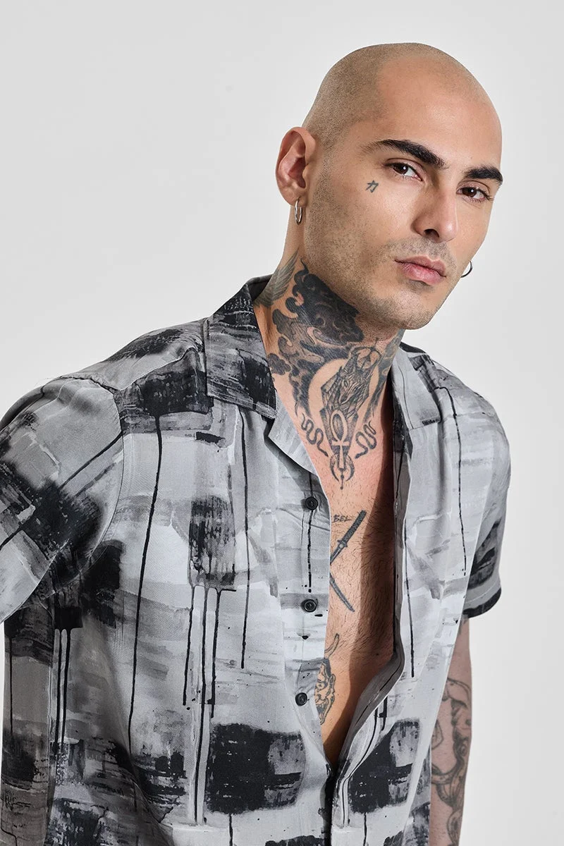 سنيتش Grey Abstract Half Sleeve Boxy Casual Shirt
