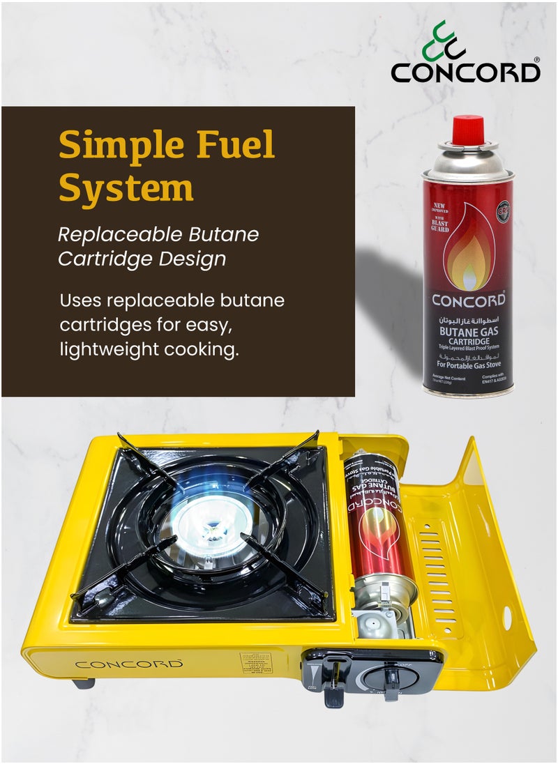 CONCORD Portable Gas Stove with Carrying Box, Replacable Single Butane Cartridge Design with Adjustable Flame Control, Lightweight, Compact design and Easy Ignition, 1.4kg/3.08lbs, Yellow
