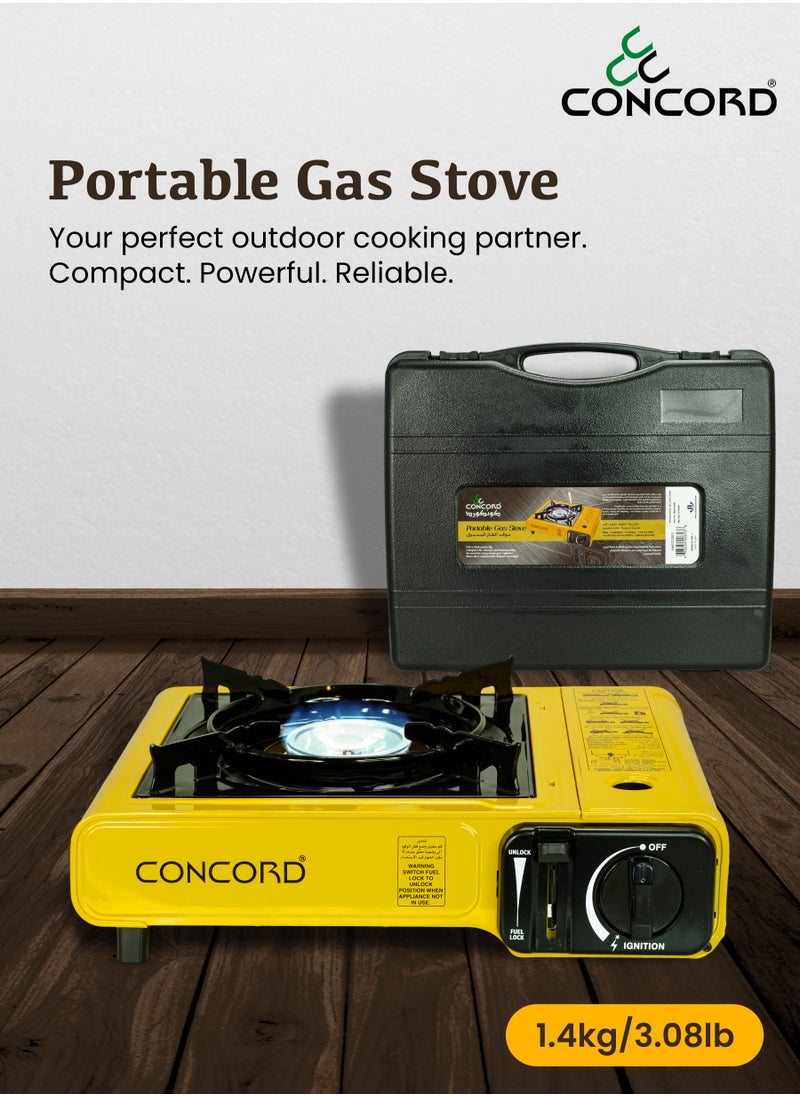 CONCORD Portable Gas Stove with Carrying Box, Replacable Single Butane Cartridge Design with Adjustable Flame Control, Lightweight, Compact design and Easy Ignition, 1.4kg/3.08lbs, Yellow