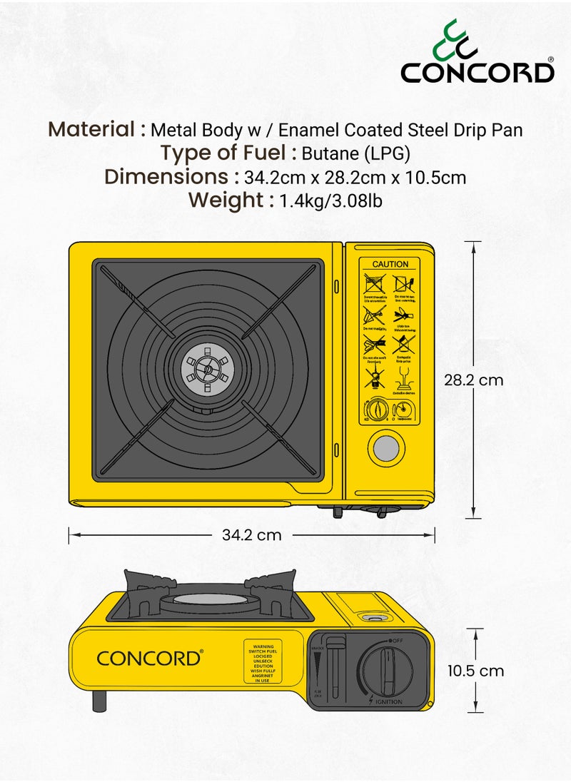 CONCORD Portable Gas Stove with Carrying Box, Replacable Single Butane Cartridge Design with Adjustable Flame Control, Lightweight, Compact design and Easy Ignition, 1.4kg/3.08lbs, Yellow