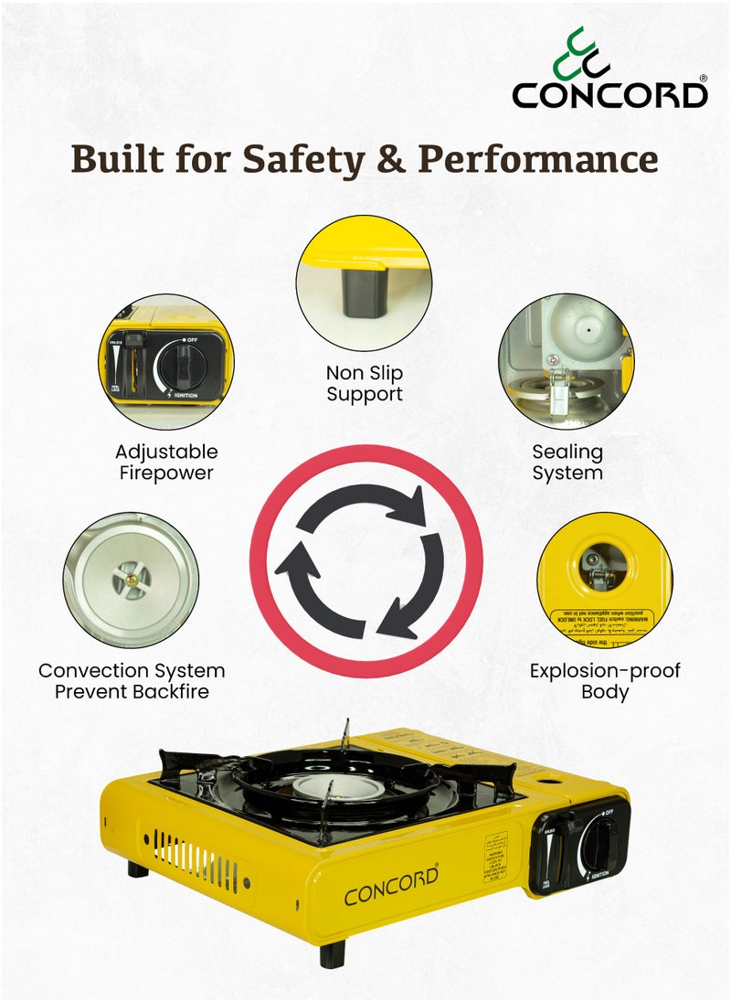 CONCORD Portable Gas Stove with Carrying Box, Replacable Single Butane Cartridge Design with Adjustable Flame Control, Lightweight, Compact design and Easy Ignition, 1.4kg/3.08lbs, Yellow