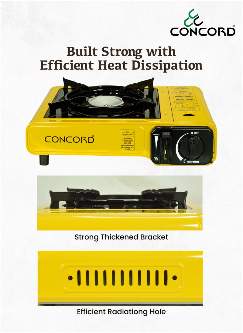 CONCORD Portable Gas Stove with Carrying Box, Replacable Single Butane Cartridge Design with Adjustable Flame Control, Lightweight, Compact design and Easy Ignition, 1.4kg/3.08lbs, Yellow