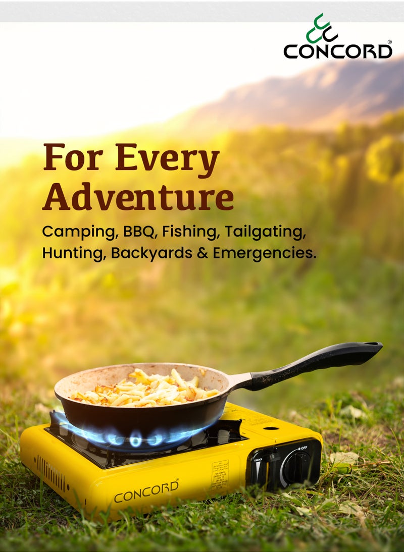 CONCORD Portable Gas Stove with Carrying Box, Replacable Single Butane Cartridge Design with Adjustable Flame Control, Lightweight, Compact design and Easy Ignition, 1.4kg/3.08lbs, Yellow