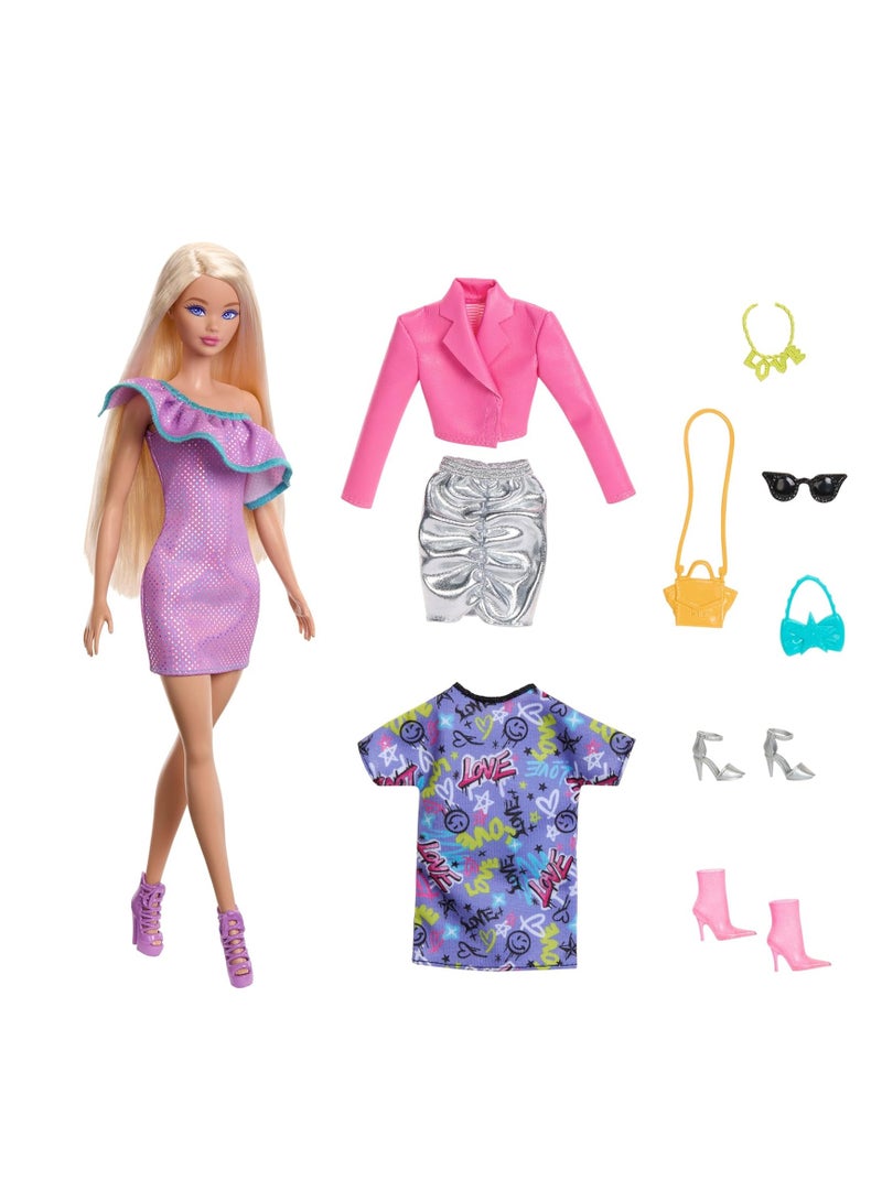Barbie ​Barbie Doll With Clothes And Accessories, Blonde Hair And 3 Party-Themed Mix-And-Match Outfits Including Dresses, Purses And Heels - Image 1