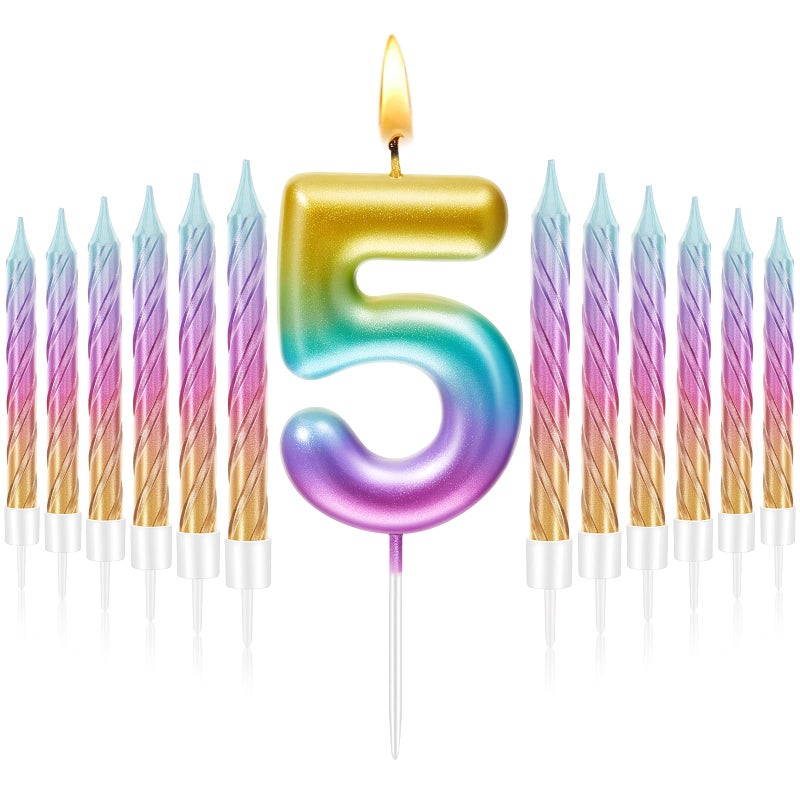 Treela 5 Birthday Candle for Cake with 12 Pieces Spiral Numeral Rainbow Gradient Candle 5th Birthday Rainbow Candles for Girls Boy Cake Topper Anniversary Wedding Sweet Theme Party Supplies