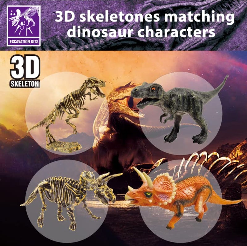 10Leccion Dinosaur Fossil Dig Kit, Dino Excavation Kits for Kids, Educational Science Kits, Dinosaur Toys for Kids, Dig up 2 3D Skeleton Puzzles and 2 Dino Figures Including T-Rex, Triceratops - Image 2